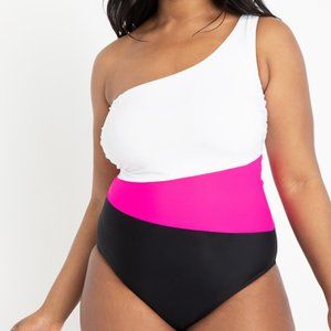 One Shoulder One Piece Swimsuit - White/Pink/Black